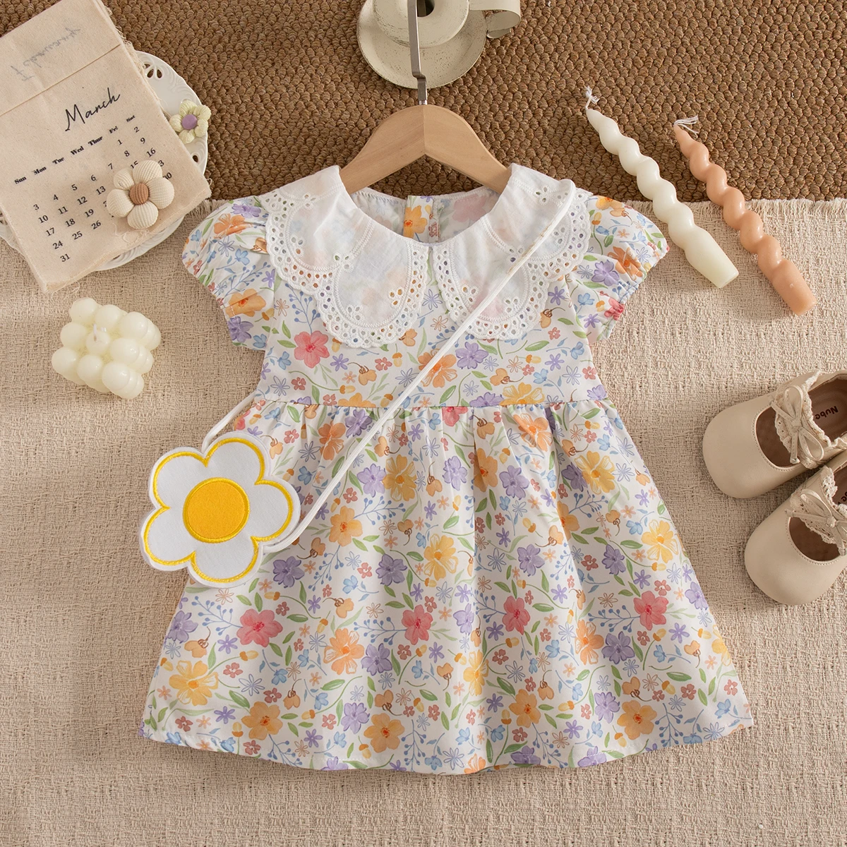 

Новое летнее платье для маленьких девочек в корейском стиле с цветочным принтом и лацканами, с короткими рукавами, повседневная уличная детская одежда для детей от 9 месяцев до 3 лет