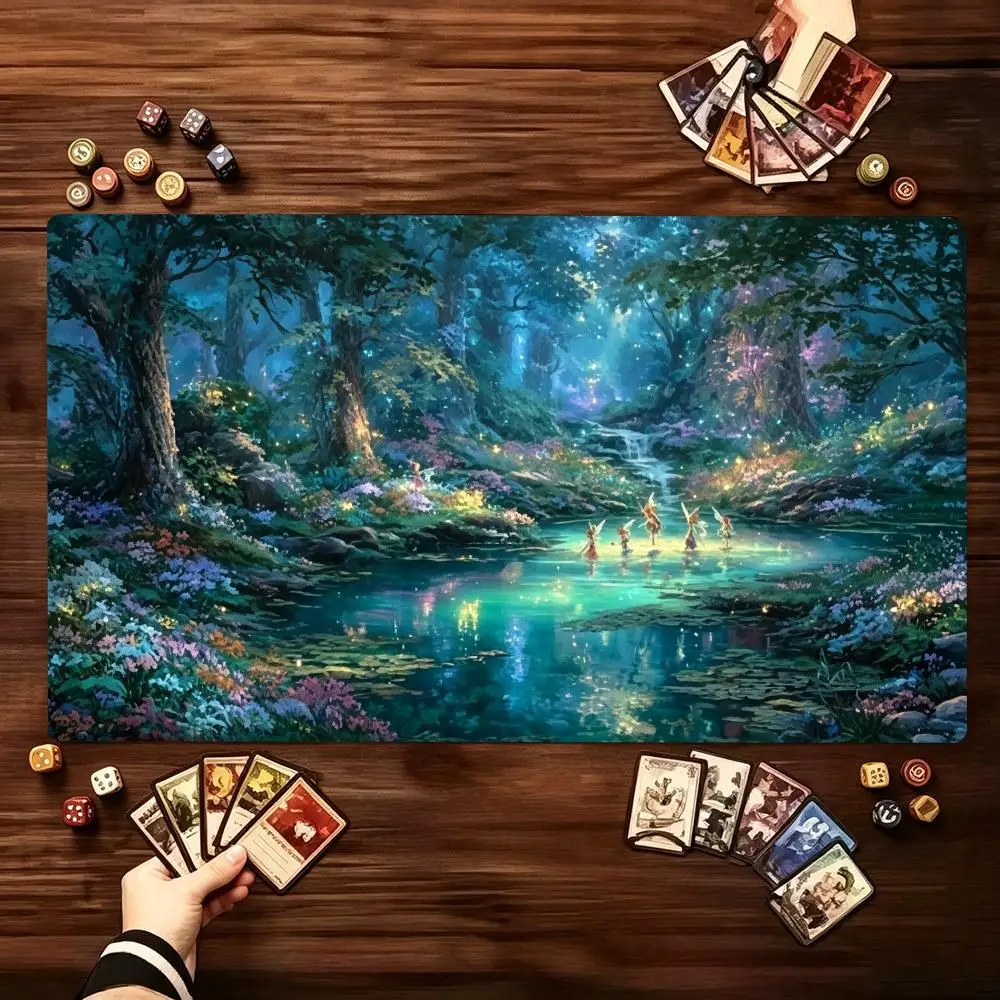Enchanted Magical Forest Playmat Glowing Creek Large TCG Gaming Desk Mat Extended Mouse Pad for Nature Lovers Desk Decor