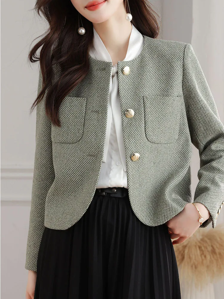 Jmprs Korean Chic Tweed Jackets Women Casual Fashion Long Sleeve Elegant Coat Sweet O Neck Female Fall Winter Outwear Tops New