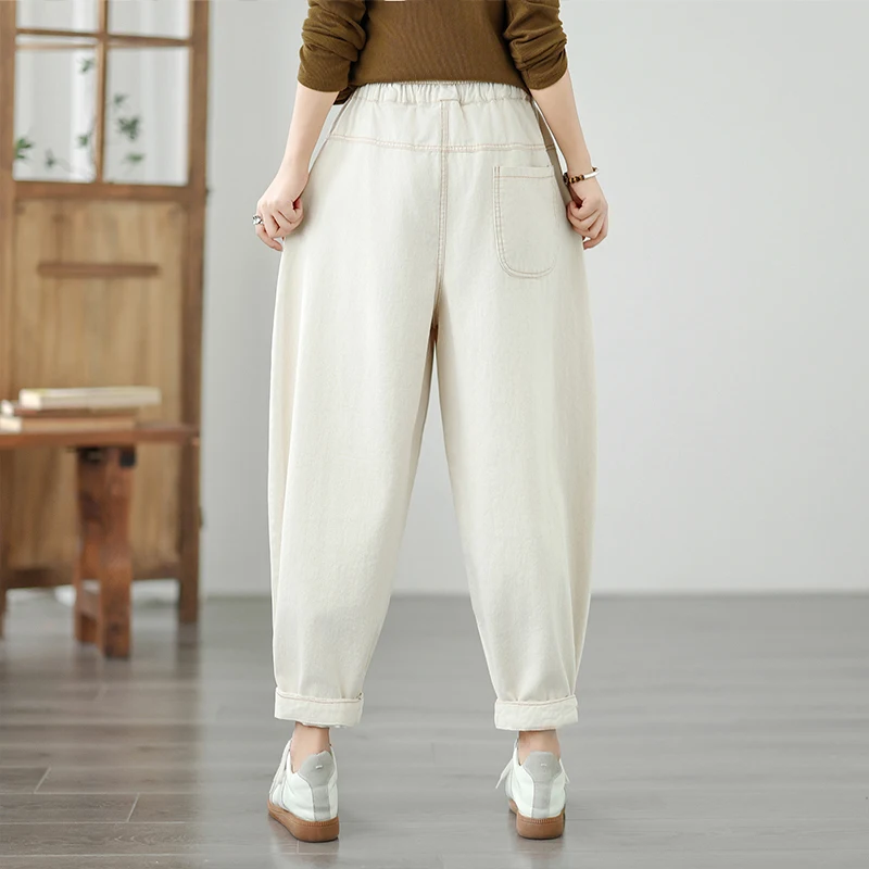 Casual Patchwork Elastic Waist Harlan Pants Multi ket  Color Long Trousers Large Size Loose Fit Cotton Blend Jeans
