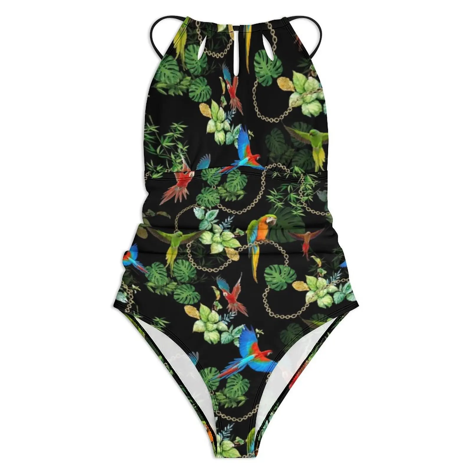 Gold Chains Print Swimsuit Sexy Tropic Parrots Female Swimwear One Piece Vintage Swimsuits Beach Push Up Cut Out Bathing Suits