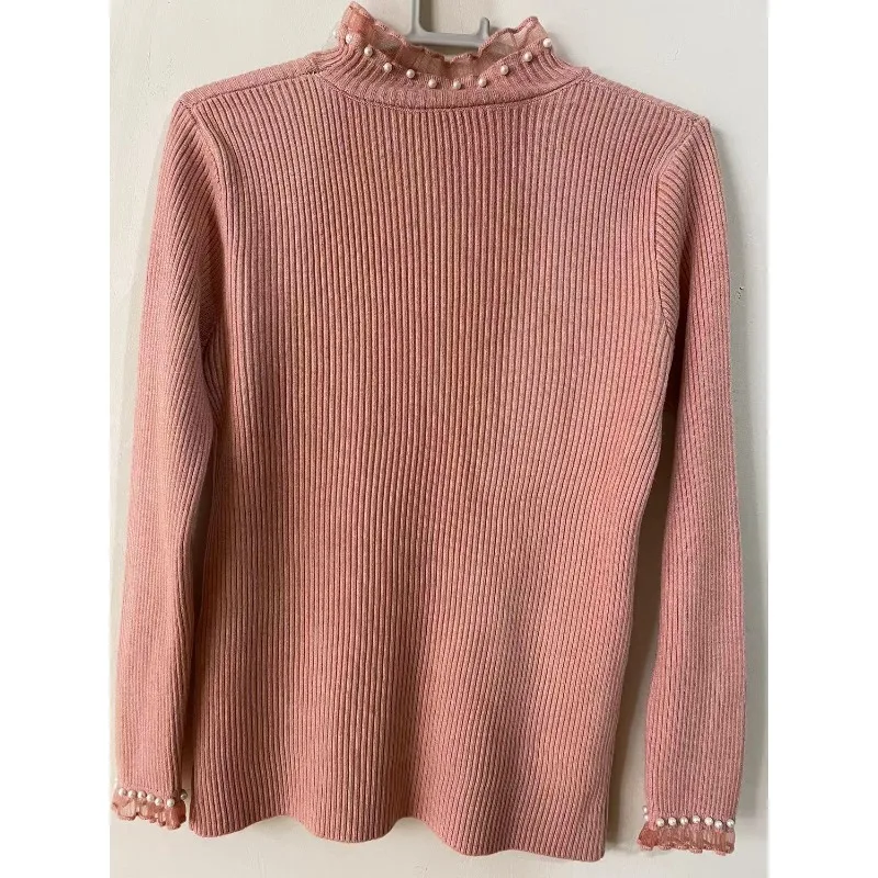 Maglione da donna con collo alto e fondo lavorato a maglia, top con volant, perle, dolce ed elegante, autunno inverno, maglione, pullover da ufficio