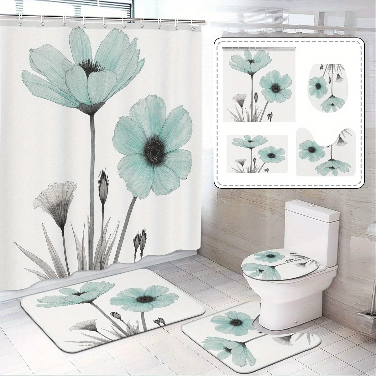 4pc Blue-green floral bathroom set - shower curtain + rug + toilet seat, U-shaped mat, minimalist linear art decoration.