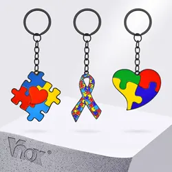 Vnox Free Personalized Back Autism ICE Info Key Chains, Colorful Puzzle Heart Pendant, Custom Autism Keychains