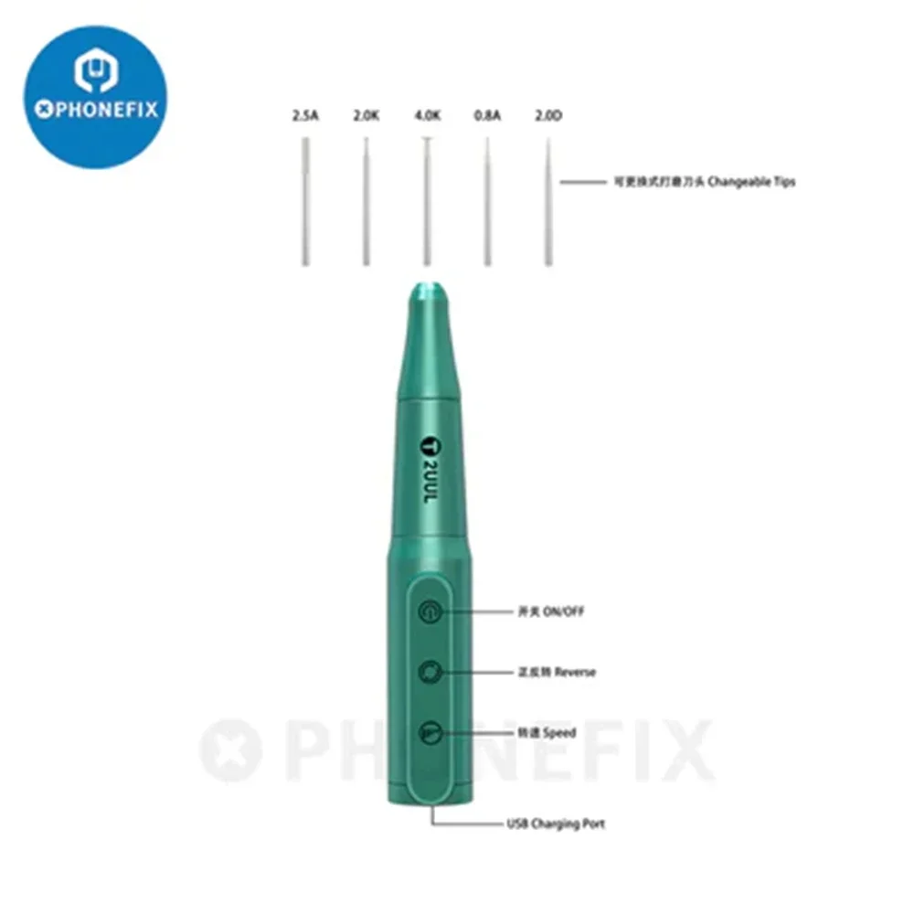 Stylo de polissage électrique 2UUL DA81, avec 5 pointes interchangeables, réparation de téléphone, colle OCA, nettoyage de puce IC, stylo de forage de coupe