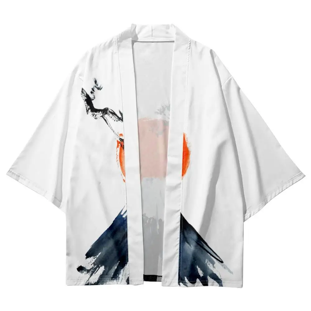 

Summer Men Women Looser Cardigan Cartoon Volcano Printed White Japanese Kimono Beach Shorts Yukata Clothing Harajuku Haori