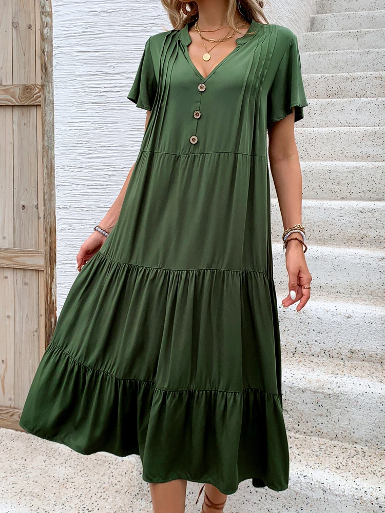 JIM & NORA 2024 summer Europe and the United States hot V-neck loose comfortable dress ruffled short sleeve skirt