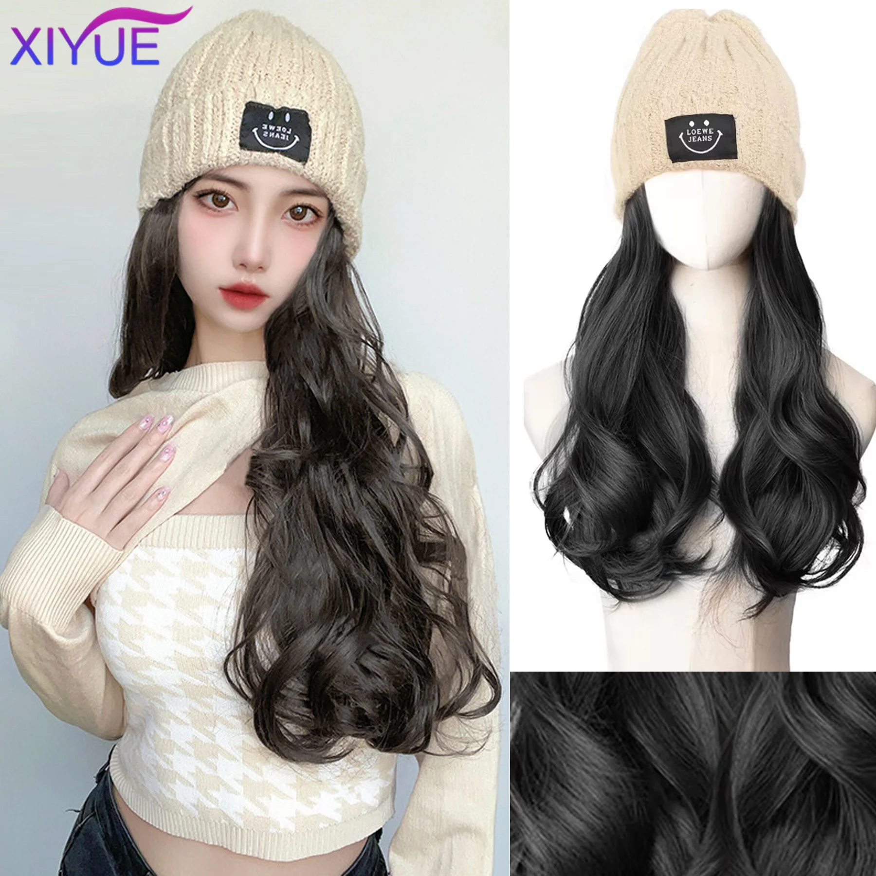 XIYUE Off White Hat Wig Beanies Hat With Hair Wigs For Women Synthetic Long curly hair Warm Ski Plush Knitted Autumn Winter Cap