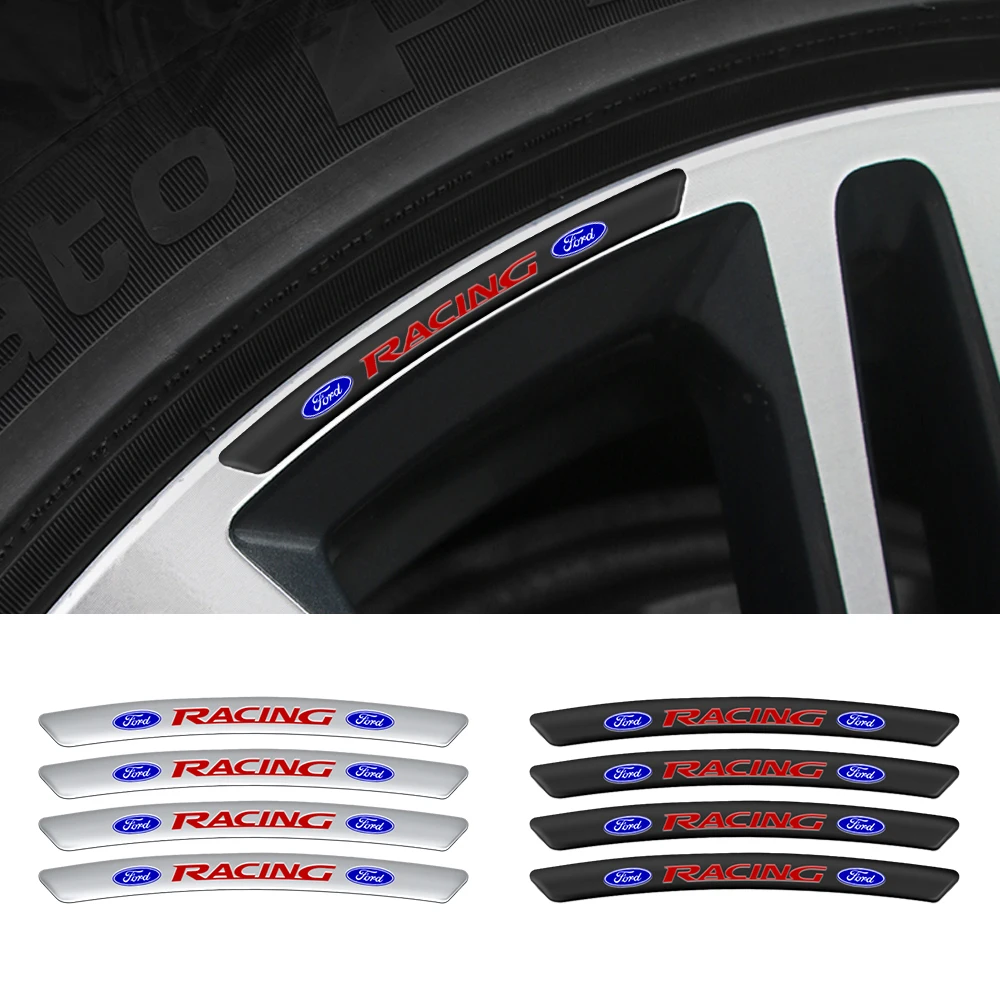 4pcs Car Tire Decor Aluminum Wheel Rims Racing Stickers Badges Auto Decoration For Ford Focus Mk2 Mk3 Mk4 Mustang Max Fiesta Mk7