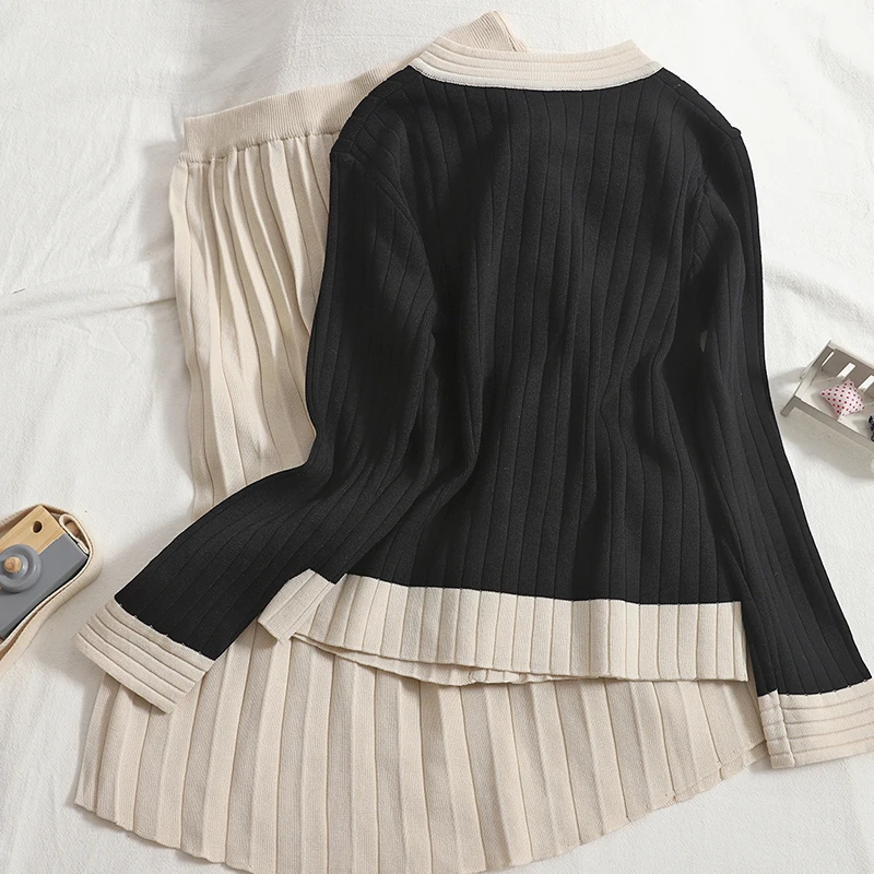 New Autumn Women\'s Knitted 2 Piece Set Chic Office Ladies Single Breasted Cardigan Sweater + Pleated Knee-Length Skirt Suits