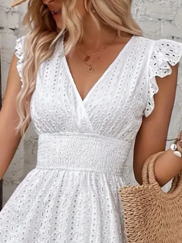 Vestido de noche blanco de verano para mujer, ropa informal ajustada con manga de pétalo, cuello en V, vacaciones, playa, graduación