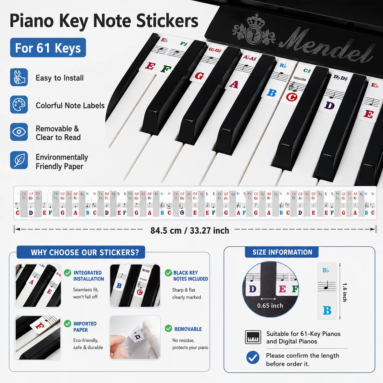 61‑Key Piano Key Note Stickers Removable Colorful Keyboard Note Labels For Kids Beginners Digital Piano Learning Accessories