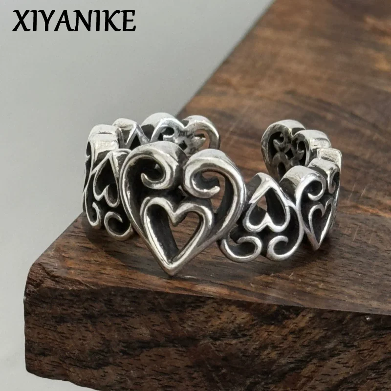 

XIYANIKE Vintage Thai Silver Hollow Love Heart Open Rings For Men Women Hip Hop Fashion New Jewelry Gift Party Street anillos