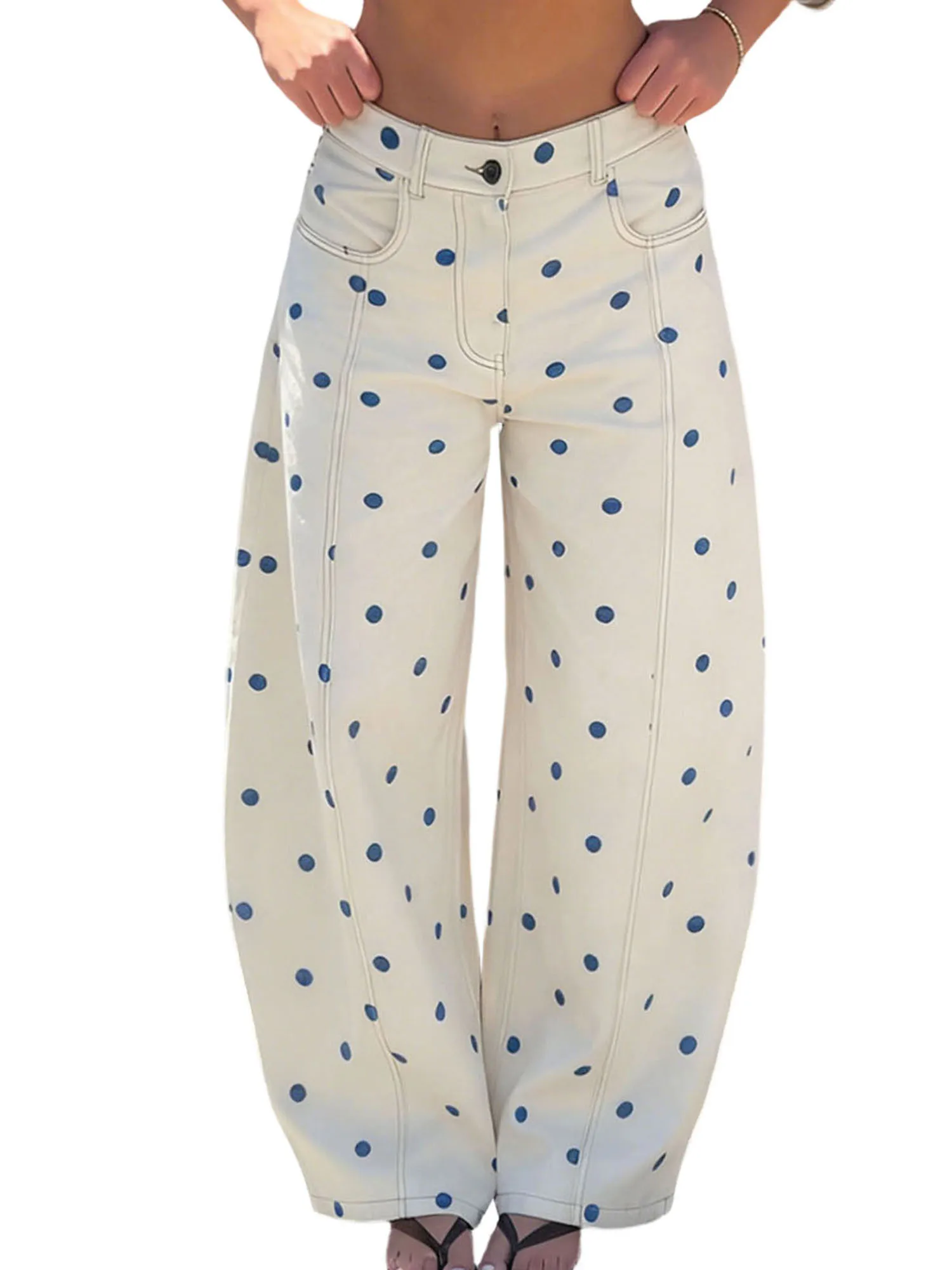 

Women Barrel Jeans Dot Print Loose Denim Pants Spring Casual Baggy Trousers Fashion Wide-Leg Pants