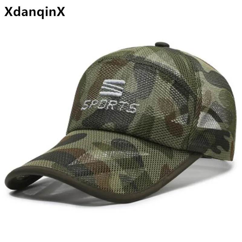 2023 New Summer Men's Caps Extended Brim Hollow Breathable Mesh Baseball Cap Camouflage Cap Sunscreen Fishing Cap Women's Hats