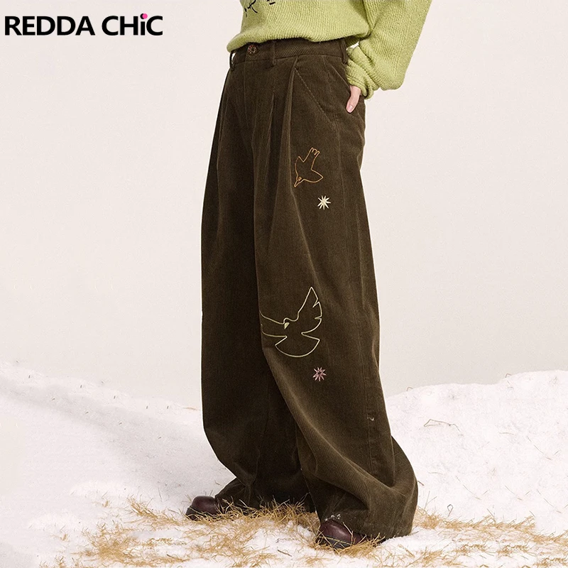 REDDACHiC Dove of Peace Embroidery Brown Pants Corduroy Pleated Front Casual Wide Leg High Waist Trousers Vintage Women Clothes