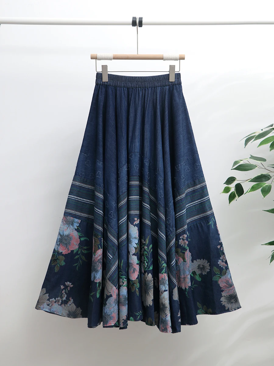 Free Shipping 2024  Blue New Long Maxi Women Elastic High Waist Spring  Summer Denim Printed Lady  A-Line Skirts