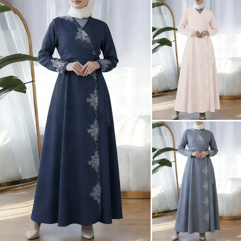 ZANZEA Ramadan Abaya Muslimische Damen Maxikleid Elegantes Gürtelkleid Lässiges V-Ausschnitt Langarm Bedrucktes Kleid Hijab Sommerkleid Robe
