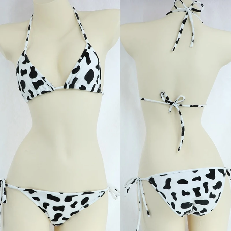 Womens 2 Piece Cute Milk Cow Print Tie Side Bikini Sets Japanese Anime Underwear