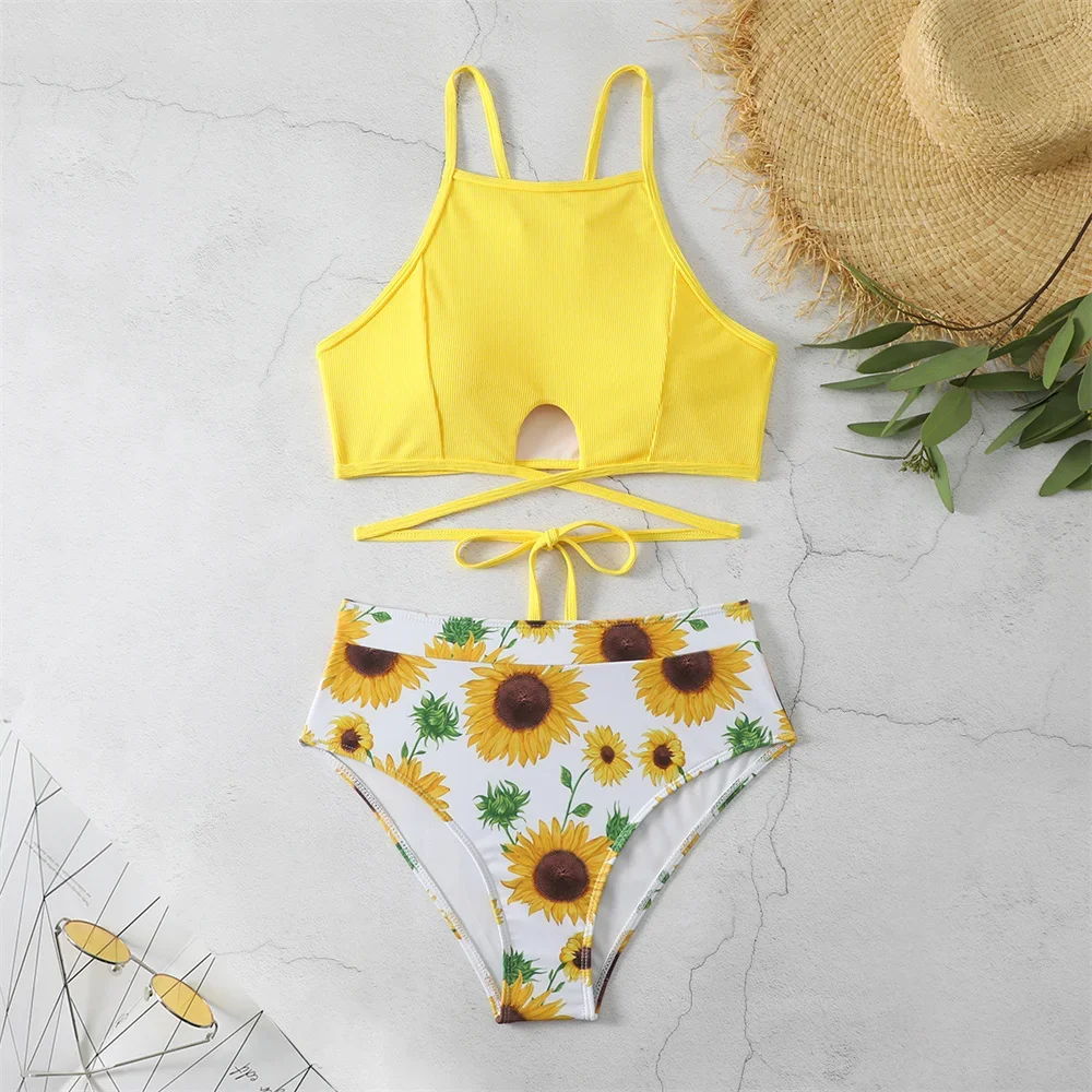 Sunflowers Bikini High Waist Kawaii Swimsuit Ribbed String Vacation Swimwears Women Beach Outfit Bathing Suits Bikinis Femininos