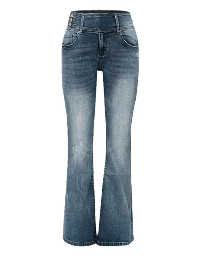 Female Clothes Vintage Button Side Design Flared Leg Jeans Temperament Commuting Women's Casual Skinny Denim Pants