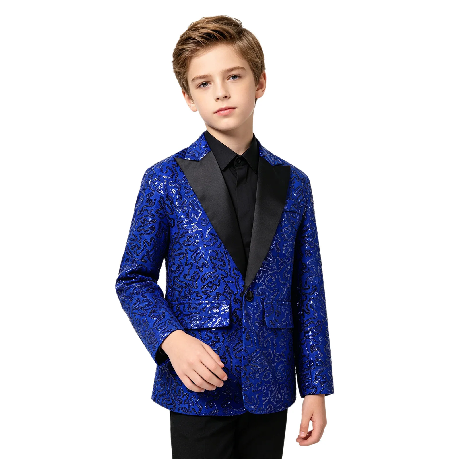 Kinder Jungen Jazz Dance Oberteile Performance Kostüm Glänzende Pailletten Glitzer Revers Einknopf-Anzugjacke Blazer Festival Smoking Jacke – Detail 15