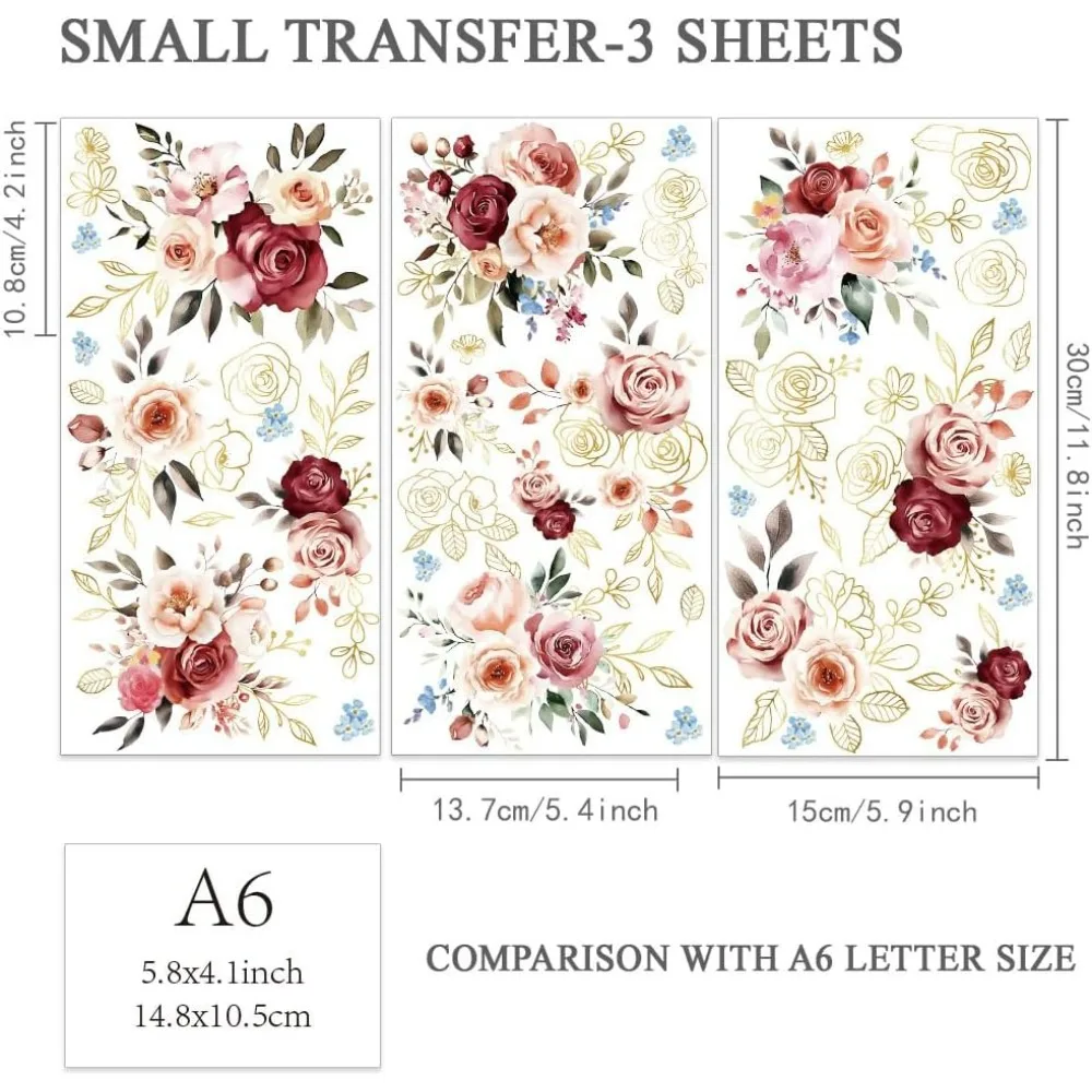 3pcs/Set Watercolor Roses Rub on Transfers for Furniture and Crafts 6x12 inch Roses Furniture Decals Flower Theme making kit view 2