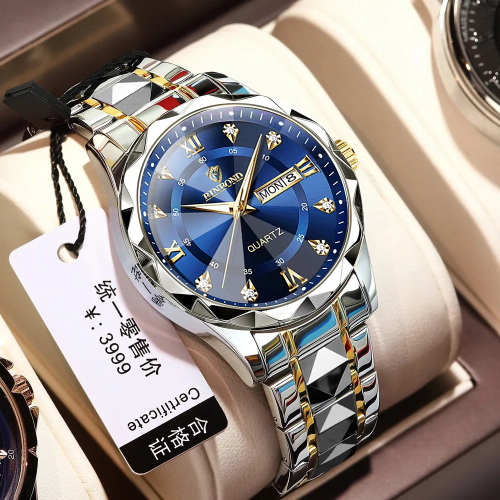 BINBOND Authentic Men's Watch Waterproof Night Glow Double Calendar Watch Men's Quartz Watch Diamond Pointed Glass