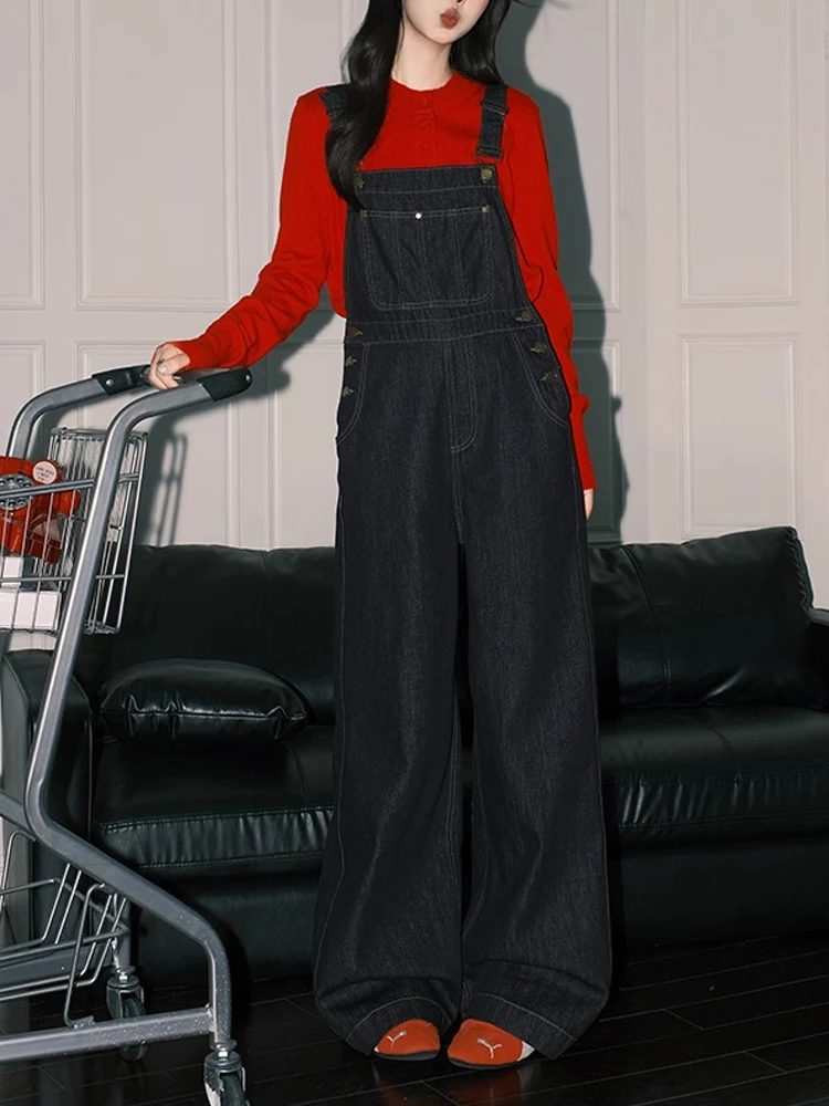 Salopette di jeans blu retrò da donna a vita alta ampia anti-età gamba larga tuta drappeggiata comoda pantaloni lunghi da pendolarismo