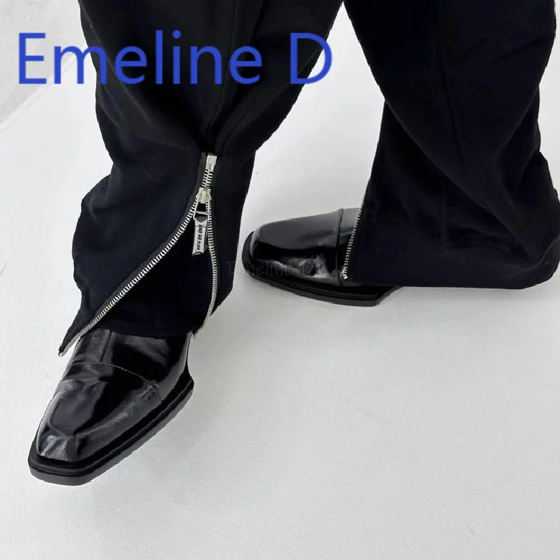 

Square Toe Height Increasing Short Boots Fashionable High Heel and Side Zipper Design Unisex Black Pu Sleeve Chelsea Boots