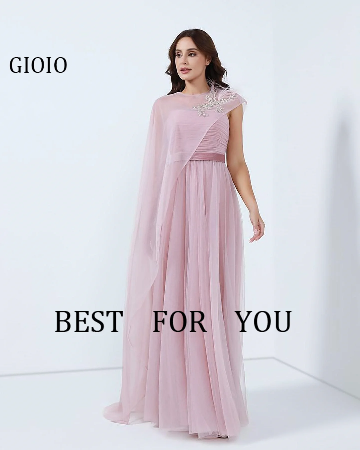 GIOIO O-Neck Luxury Formal Evening Dresses Pleat Pearls Sleeveless فساتين سهرة  Floor Length Elegant Prom Gowns Party Women