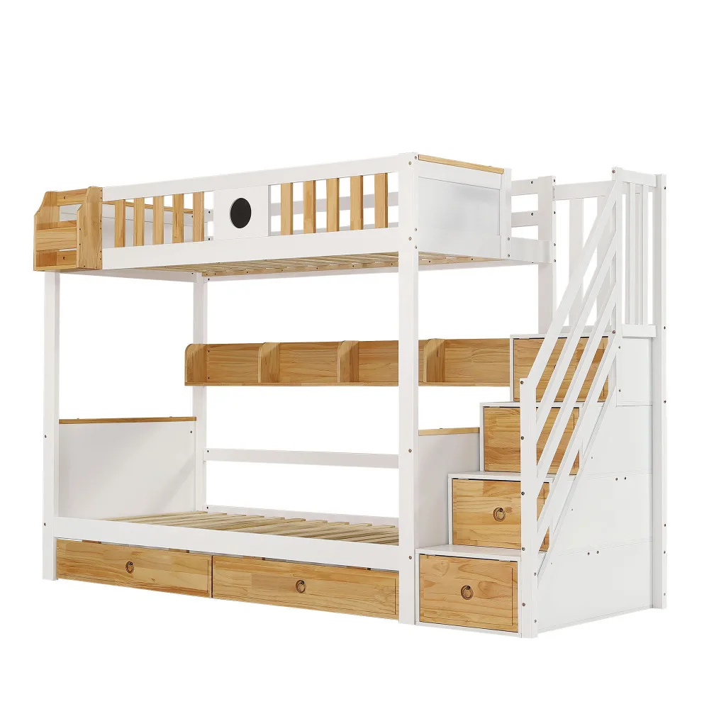 PINGGO Weißes Naturholz-Etagenbett 90x200cm mit Stauraum-Treppe, 4 Schränken, 2 Schubladen, offenem Regal, Fallschirmgitter, Kiefer+MDF, ohne Matratze – Detail 13