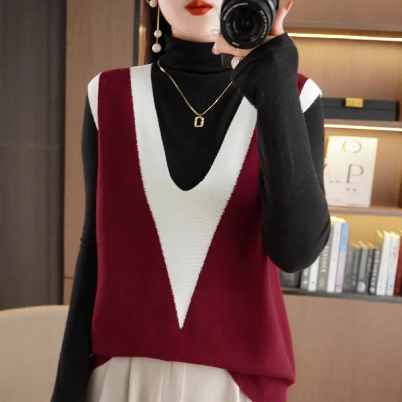 

Autumn Winter Sleeveless Vest Loose Sweater Retro Color Block Knitted Vest Women'S Unique Design American Style Top