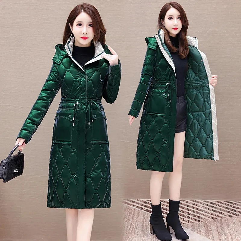 2024 Winter New Glossy Down Cotton Jacket Women\'s New Slim Thicken Hooded Coat Fashion Female Long Warm Padded Parkas Overcoat