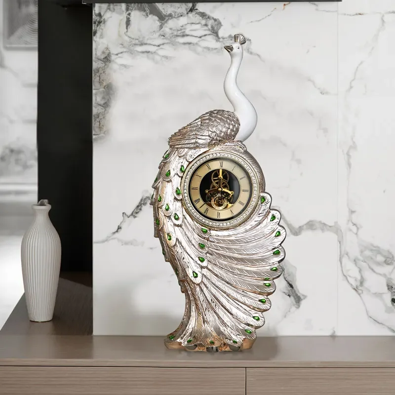 European Style Peacock Floor Clock Decoration, Living Room Ornament, Wall Clock in the House, Goodies