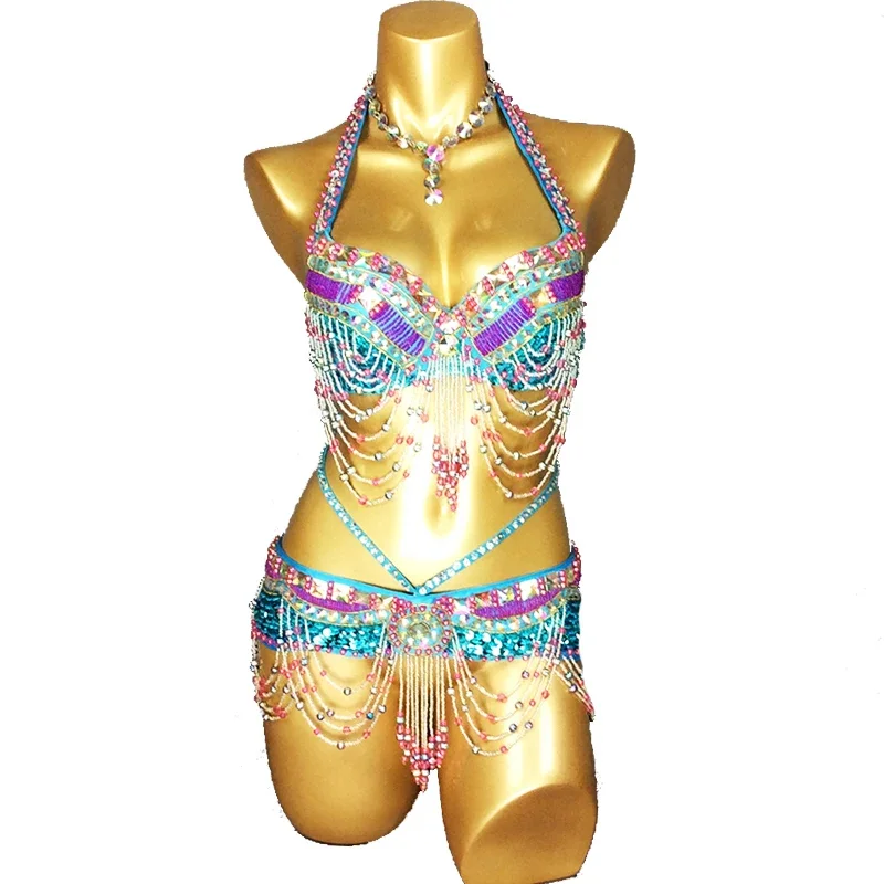 Traje de danza del vientre con cuentas para mujer, ropa de Halloween, sujetador, cinturón, conjunto de 2 uds., trajes de danza del vientre para mujer, ropa de baile para fiesta de Navidad