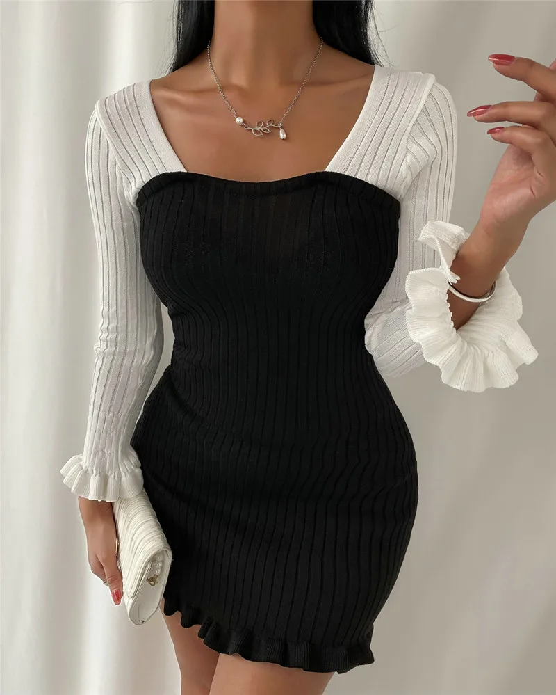 

2023 Spring Fall Women Long Sleeve High Waist Skinny Slim Hip Dress Fashion Black Color Matching Design Bow O-Neck Mini Dress