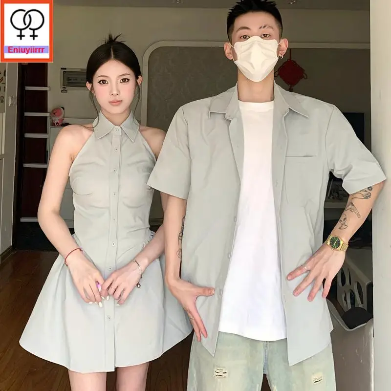 Matching Couple Hoodies Dress Lovers Clothes 2024 Summer Honeymoon Date Girls Solid Button Retro Sleeveless Shirt Dress