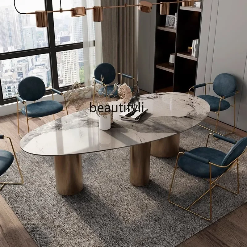 

A13 Italian light luxury stainless steel rock slab dining table, villa-type home modern oval table can be customized marble desk