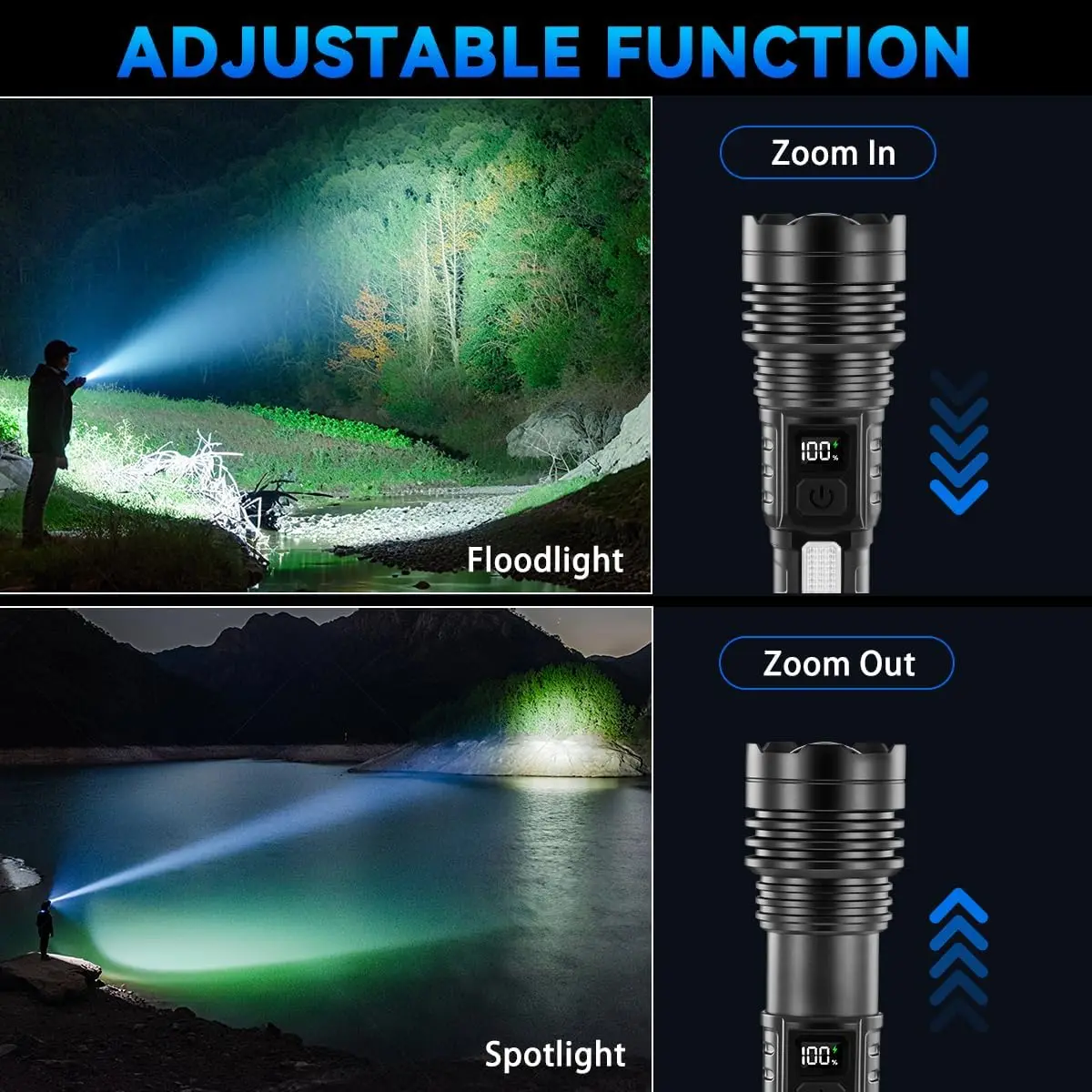 4Pack High Lumens 9900FL Rechargeable Flashlight with LCD Display, 7-Mode COB Tactical Light