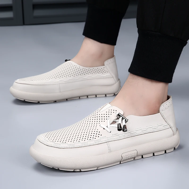 Men Loafers Summer Perforated Hollow Genuine Leather Slip On Breathable Casual Shoes Men Non Slip Driving Walking Footwear Men