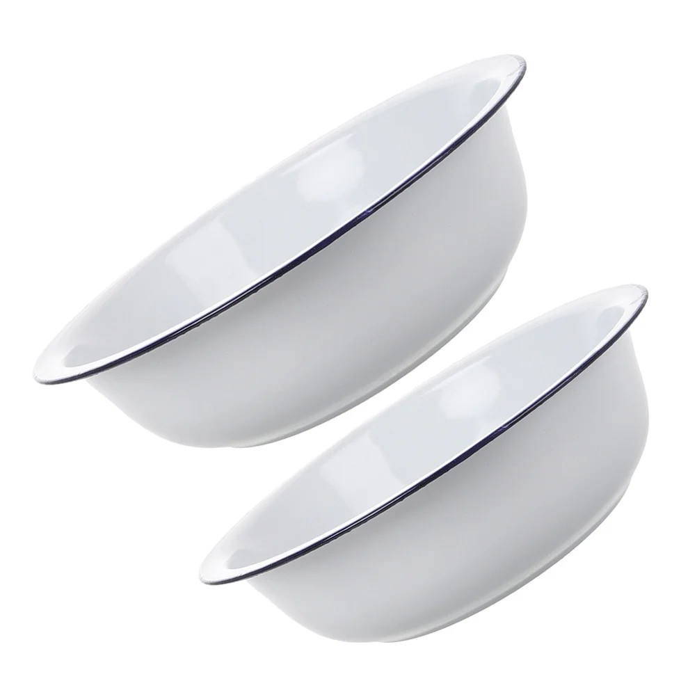 

2Pcs Enamel Basins Vintage White Large Kitchen Bowls for Washing Vegetables Soup Dough Making Fruit Salad Prep