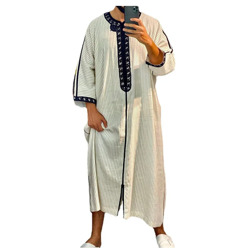 Stripe Printing Muslim Caftan Robes Men Long Sleeve Jubba Thobe Man Leisure Dress Islamic Clothing Abaya Homme Fashion Saudi