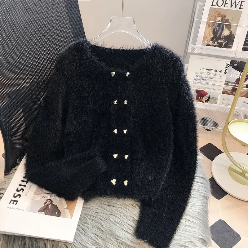 Imitation Mink Knitted Cardigan Sweater Coat Women\'s 2023 New Autumn Winter New Elegant Heart Double Breasted Long Sleeve Top