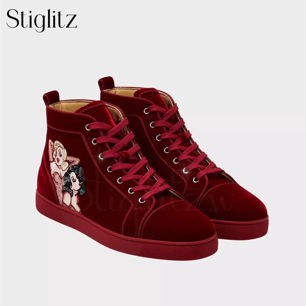 Elegant Red Velvet Ankle Sneakers Cartoon Characters Embroidered High-Top Sneakers Round Toe Classic Lace-Up Men Women Sneakers