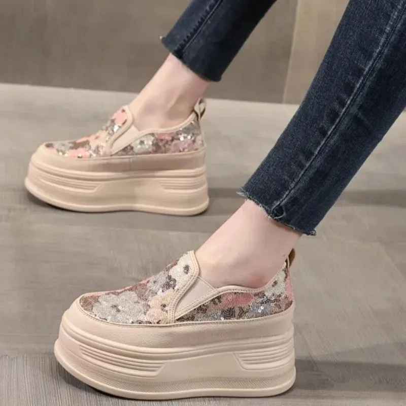 

8CM Women's Shoes New Exquisite Bling Platform Loafers for Woman Fashion Round Head Casual Shoes Designer Shoes Zapatos Mujer