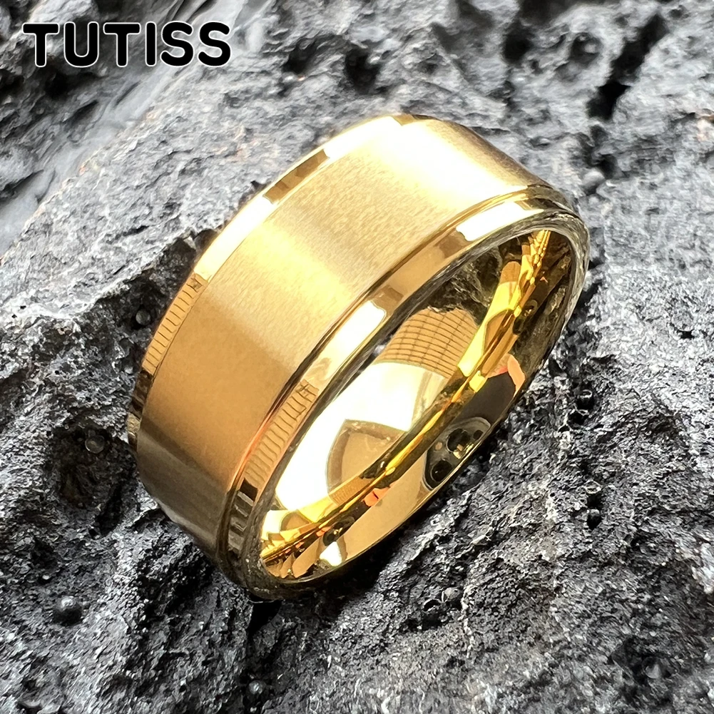 TUTISS 8mm Classic Gold Rose Color Engagement Wedding Band Men Women Stainless Steel Satin Ring Step Edges Comfort Fit