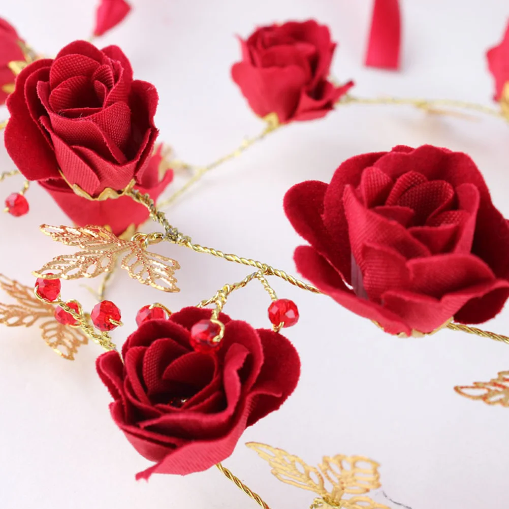 Red Rose Shaped Alloy Bridal Hair Band Elegant Rhinestone Wedding Headpiece Women Hair Accessories Bride Headband