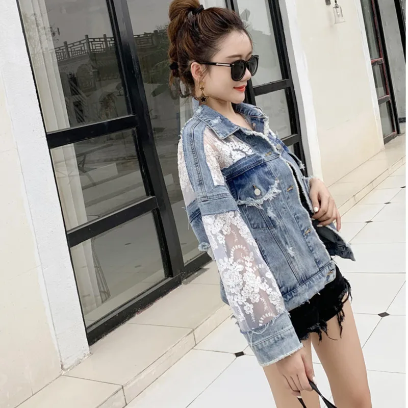 #3102 Spring Spliced Lace Short Jeans Jackets Women\'s Coat Loose Perspective Denim Jacket Women Long Sleeves Sexy Hollow Out
