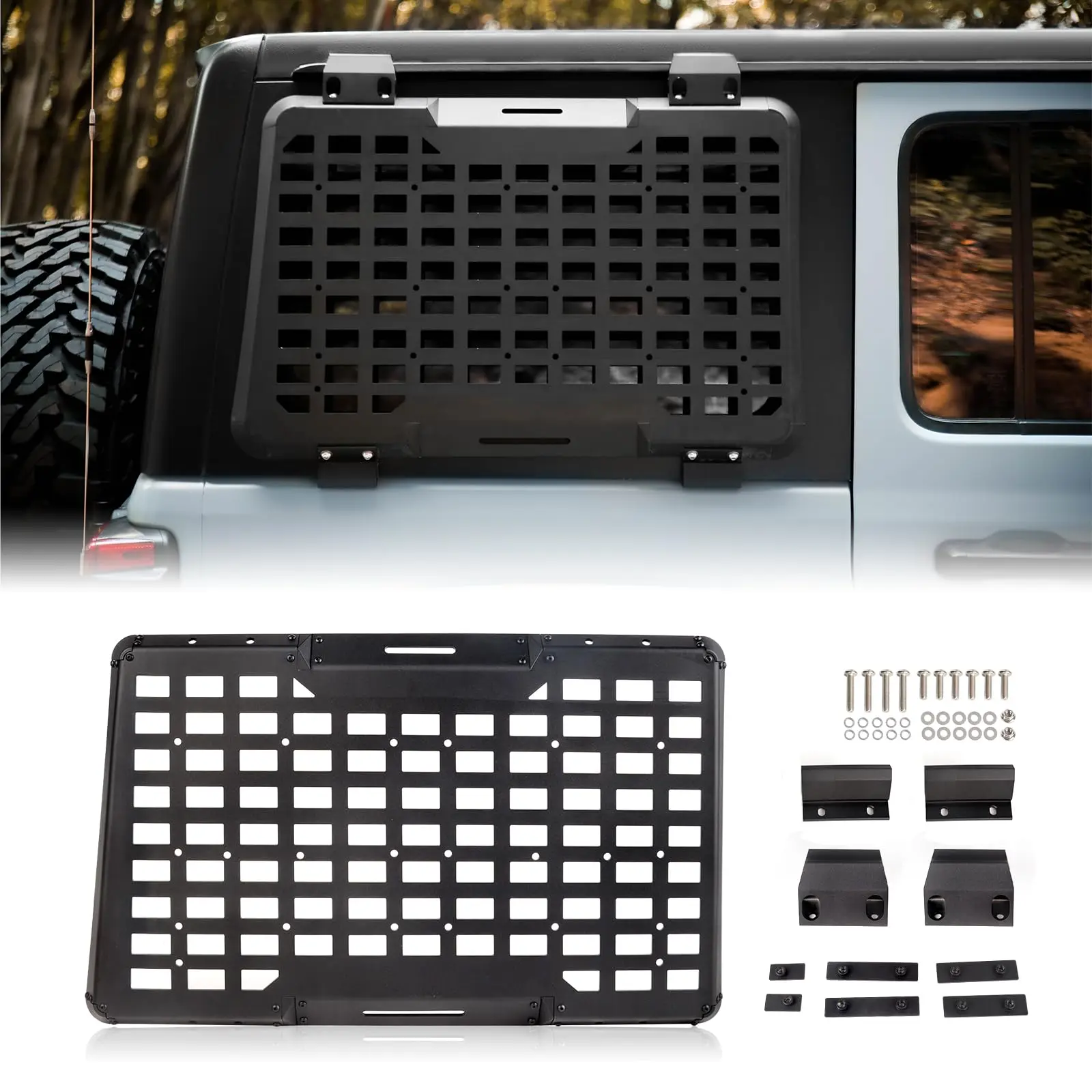 Panel Molle na tylną szybę, modułowy organizer ładunku, stelaż do przechowywania, zestaw boczny, ochrona szyby do Jeep Wrangler JL 2018-2025 4-drzwiowy